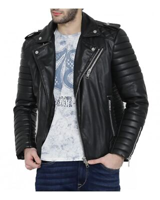 #ad New Leather Jacket Mens Biker Motorcycle Real Leather Coat Slim Fit Black #485 $118.00