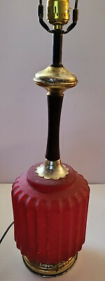 #ad Vtg Red Ruby Crackle Glass Mid Century Modern Lamp MCM Retro Teak Brass $125.00