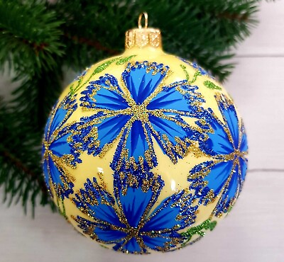 #ad CORNFLOWERS Ukrainian Ornament Christmas Glass Ball Bauble from Ukraine 4quot; $20.95