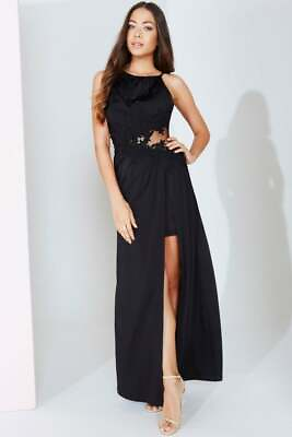 #ad Little Mistress Black Lace Applique Maxi Dress Size UK 12 DH192 EE 18 GBP 44.99