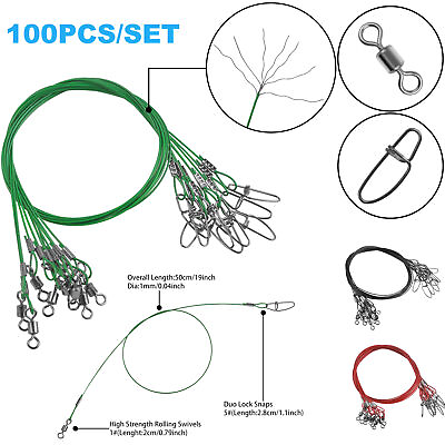 19.7quot; 150LB Steel Fishing Wire Leader Line Fishing Leaders with Swivels Snaps $39.99