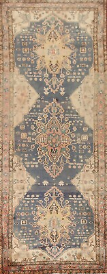 Vintage Geometric Navy Blue Red Heriz Serapi Handmade Rug Runner Carpet 4#x27;x12#x27; $1519.44