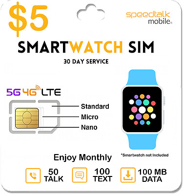 SpeedTalk SmartWatch SIM Card 4G LTE GSM Smart Watch amp; Wearables Roaming $5.00