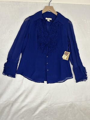 #ad Coldwater Creek New Petite Medium 10 12 Blue Button Up Ruffle Silk Shirt $24.98