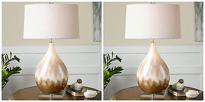 #ad TWO METALLIC RUST BEIGE GLAZE TABLE LAMP LINEN SHADE CRYSTAL ACCENTS LIGHT $717.20