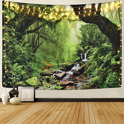 #ad Rainforest Landscape Tapestry Wall Hanging Green Forest Tapestry Road Trees Tape $18.61