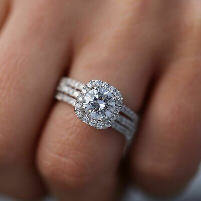 #ad 3 Pic Engagement Trio Ring Set 14K White Gold 3.Ct White Round Moissanite Size 5 $236.78