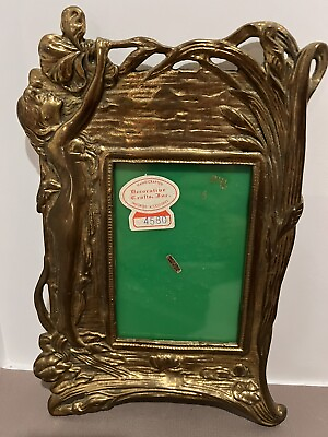 #ad Antique Heavy Cast Iron Gold Gilt Art Nouveau Woman amp; Flower Standing Frame 7x10 $99.50