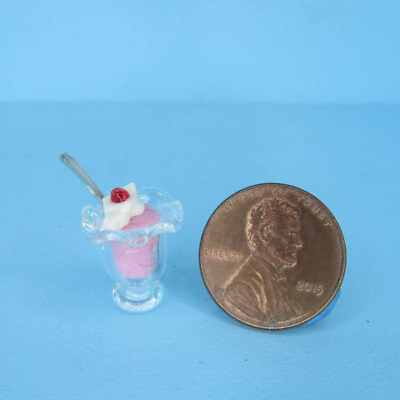 #ad Dollhouse Miniature Strawberry Ice Cream Sundae in Glass Dish with Spook FA11011 $3.59