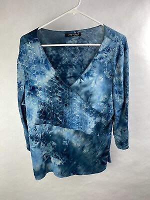 Only Nine Womens 2X Blue Tie Dye Style Longsleeve Blouse Top Shirt Embellished $15.90