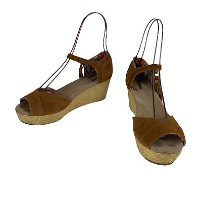 #ad Toms Brown Wedge Sandals Woven Heel Open Toe Tassel Buckle Flawed 8 $20.00