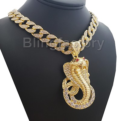#ad Hip Hop Iced Cobra Snake Pendant amp; 18quot; Full Iced Cuban Choker Chain Necklace $15.99