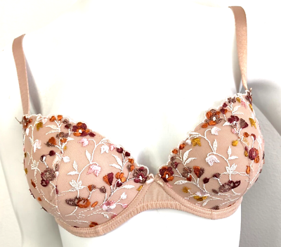 Aubade Bra Embroidered Metallic Floral Lace PushUp Adjustable Strap Nude 34D EUC $24.95