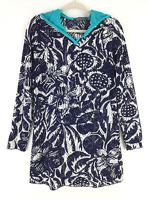 Title Nine Womens Hooded Beach Coverup Dress sz M Perforated Floral Print Navy $34.95