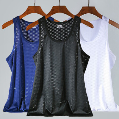 #ad Seamless Ice Silk Men Undershirt Mesh Cool Vest Tank Top T Shirt Slim Sports ⟡ $9.79