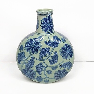 #ad #ad Vintage WBI Blue amp; White Asian Porcelain Flat Vase 10quot; Chinoiserie Floral $28.99