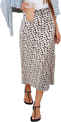 HERBATOMIA Womenâ€™s Floral Print Midi Skirt Casual High Elastic Waist Zipper Vint $55.36