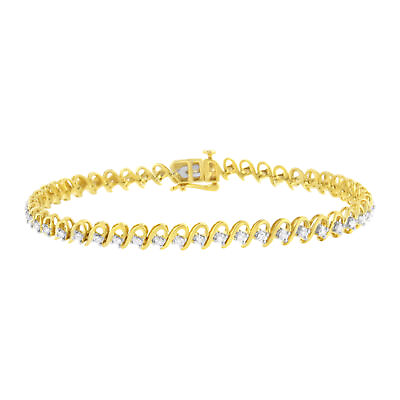 #ad 1 Ctw 10K Yellow Gold Diamond Wave amp; Round Link Tennis Silver Bracelet 7.25quot; $889.00