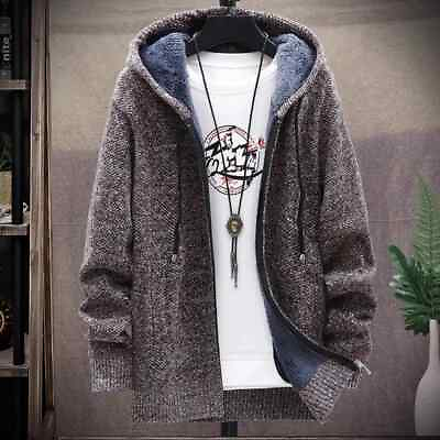 #ad Men‘s Sweater Winter Thick Fleece Knitwear Coat Cardigan Men Hooded Sweaters $35.74