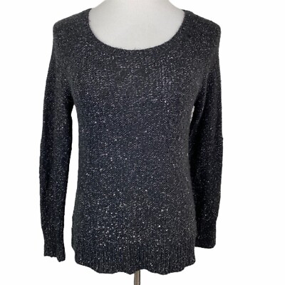 #ad Apt. 9 Metallic Silver Sequin Sweater Women#x27;s Petite Small Black Long Sleeve $14.97