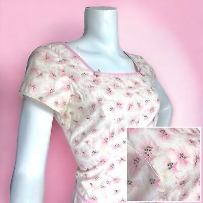 VINTAGE Handmade Floral Pink Hibiscus Popover Dress Square Neck Size 8 $49.99