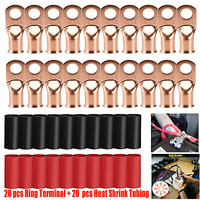 #ad 40 pcs 1 0 AWG Gauge Copper Lugs w RED amp; BLACK Heat Shrink Ring Terminals Set $19.99