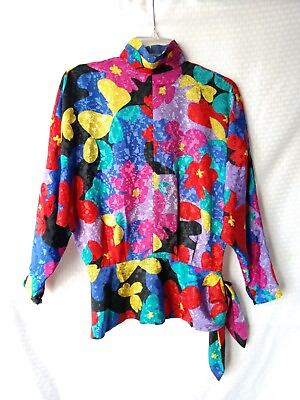 Vintage Blouse Colorful Dolman Sleeve Side Tie by Nicola Size 6 $23.95