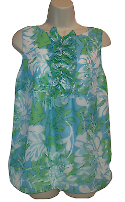 #ad Lilly Pulitzer Floral Ruffle Sleeveless Top 6 Blue Green Blouse Lined Flowy Prin $24.95