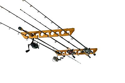 #ad Wooden Fishing Rack Rod Pole Holder Ceiling Wall Mounted Overhead Garage Storage $32.61