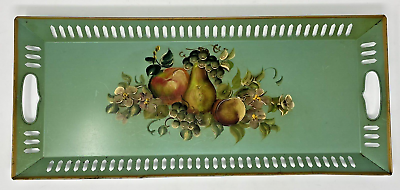Vintage Toleware Tray Green Painted Fruit Long Rectangular 21.75 x 9.5quot; Handles $26.99