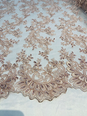 Blush Lace Fabric Corded Flower Embroidered With Sequins On Mesh Fabric By Yard $19.99