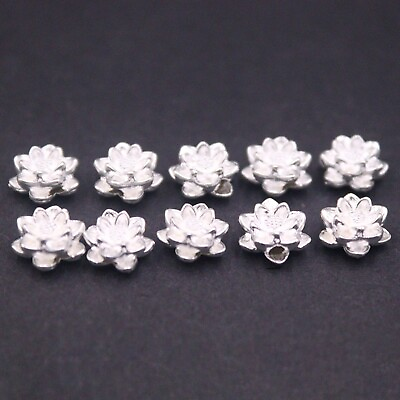 #ad 10PCS Pure 999 Fine Silver Bead Women Lucky Carved Lotus Flower Small Pendant $19.90