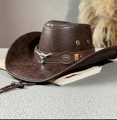 #ad western cowboy hat fashionable 100 % PU Leather wit rivets Campingfishing $16.98
