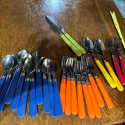 #ad Vintage Colorful Flatware Setting 22 Pieces Pre Owned $25.46