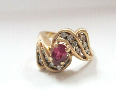 #ad Vintage Solid 14K Yellow Gold Cluster Ring natural Ruby amp; Diamonds sz 4.5 women $399.99