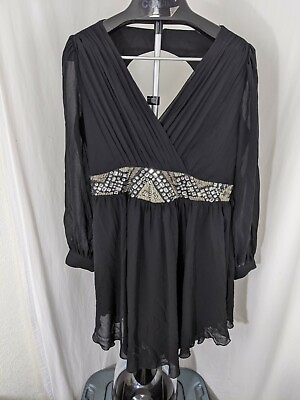 #ad Little Mistress Black Boho Beaded Jeweled Long Sleeve Short Dress SZ 16 $20.90