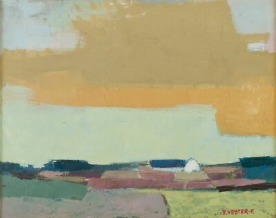 #ad Frans Vester Pedersen 1934 1972 . Modernist landscape with fields and a farm. $500.00