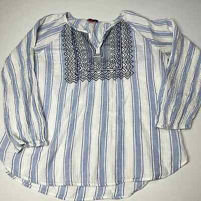 Vince Camuto Women Blouse M Blue White Cotton Spandex Striped Embroidered *Stain $13.22