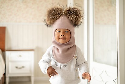 #ad baby boy girl Winter spring Hat balaclava Real Fur Pom Pons $40.00