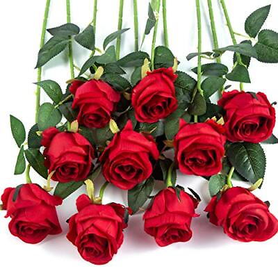 #ad 10 pcs Flores Artificiales Rosas de Seda Ramo de Nupcial Falso Tallo Recto Rojo $21.70