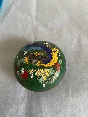 Vintage Cloisonne Green Round Pill Trinket Box With Phoenix Bird Design $50.00