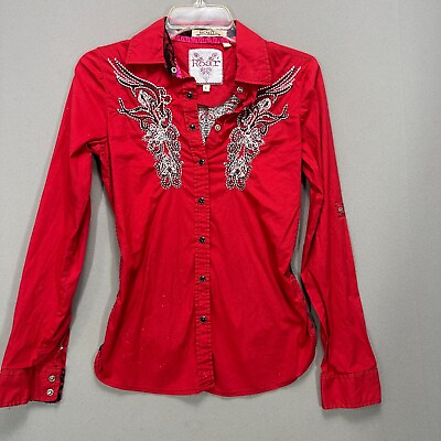 #ad Roar Red Embroidered Western Cowgirl Rhinestone Pearlsnap Shirt Small Lace Back $22.39