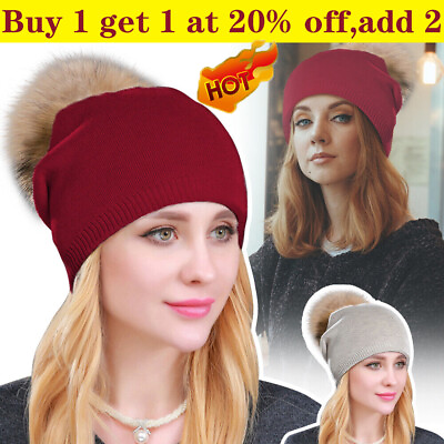 #ad Women Winter Warm Cashmere Wool Knitted Hats Real Fur Pom Pom Ball Beanie Hat $16.32