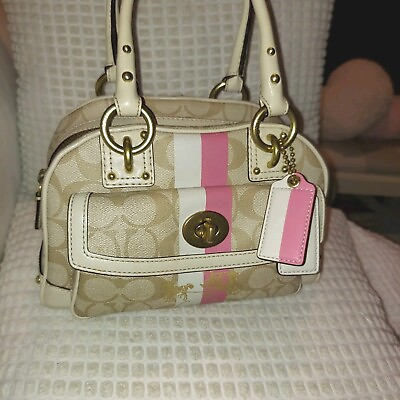 #ad Coach Signature Heritage Stripe Canvas and Leather Light Khaki with Pink Stripe $89.00