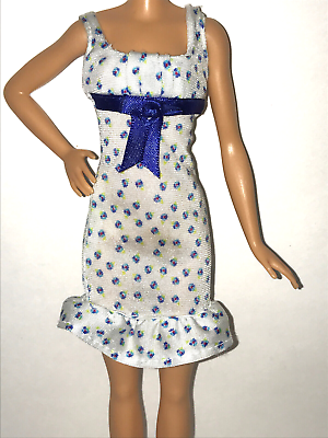 #ad Barbie Doll Clothing White Dress Small Blue Flowers Belt Ruffled Hem Fashion $4.79