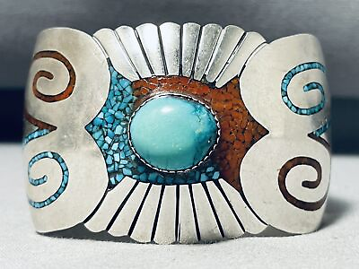 #ad ONE OF MOST UNIQUE EVER VINTAGE NAVAJO TURQUOIS EINLAY STERLING SILVE RBRACELET $1109.99