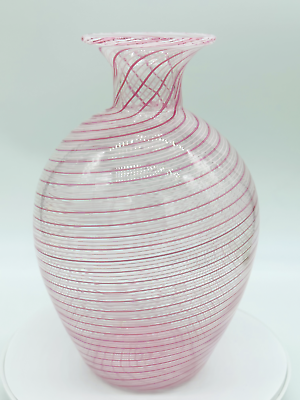 #ad Murano glass vase clear glass with pink delicate stripes $250.00