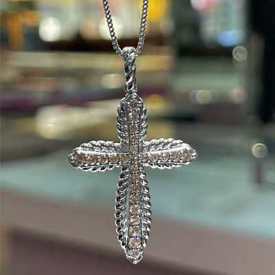 #ad Fashion Cross 925 Silver Plated Necklace Pendant Women Cubic Zircon Jewelry C $3.44