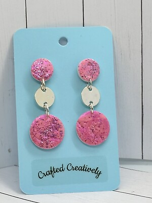 Pink amp; Silver Circles Dangle Earrings Set Handmade Statement New #254 $6.95