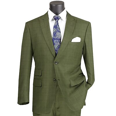 VINCI Men#x27;s Olive 2 Button Glen Plaid Modern Fit Business Suit NEW $105.00